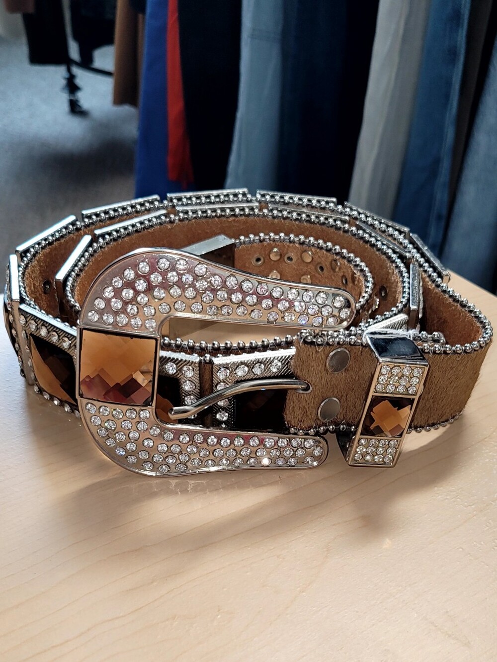 Cowhide and Rhinestone Western Belt